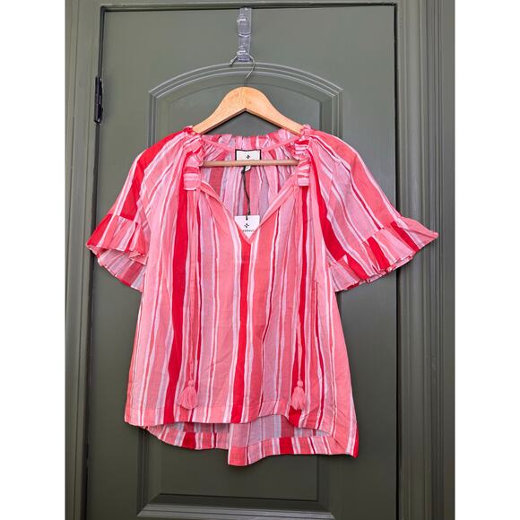 NWT Tuckernuck	Sunrise Stripes Pink Tassel Cassis Beach Boho Cotton Coral Top XS - Picture 3 of 8